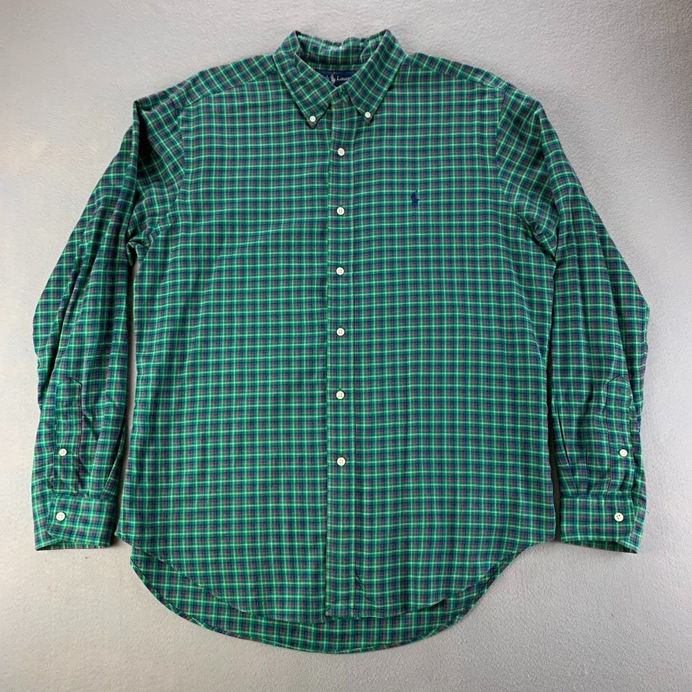 Vintage Ralph Lauren Shirt Mens Large Green Red Cotton Plaid‎ Classic Fit Button